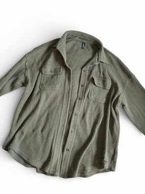 Women’s Olive Green Button-Up Waffle Shirt Jacket